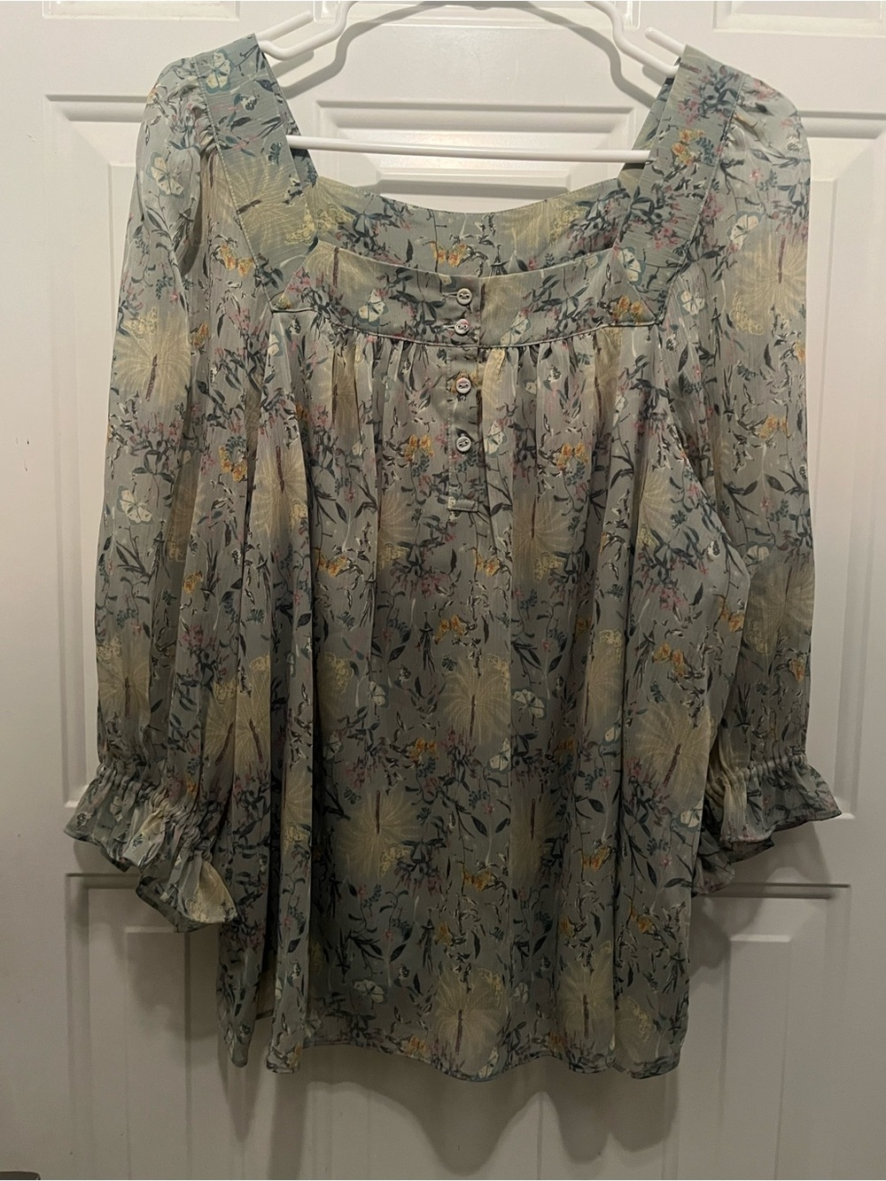 LC Lauren Conrad Sage Green Floral Peasant Blouse with Square Neckline